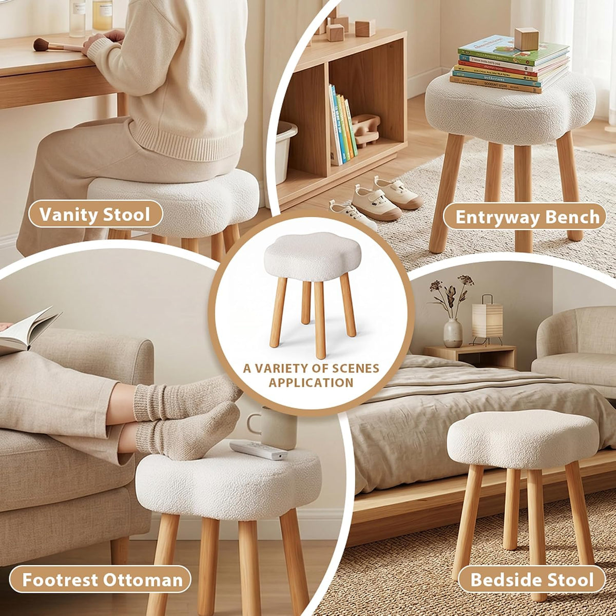 Cmishe Cloud Vanity Stool with Solid Beech Wood Legs, Boucle Makeup Chair for Bedroom, Flower Shaped Upholstered Ottoman, Cute Dressing Stool for Girls & Dorm, Cream White