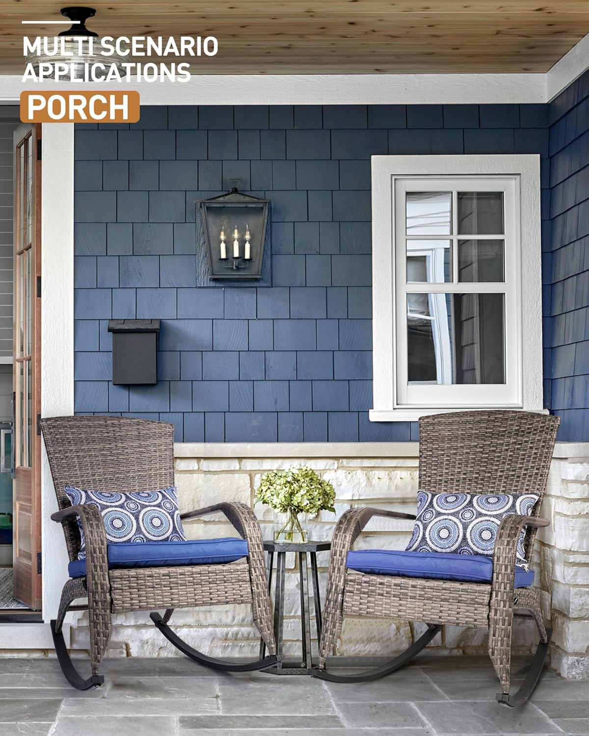 Outdoor Rocking Chairs Set of 2, Patio Rocker Chairs with Cushions & Steel Frame, All Weather Porch Rocking Chairs for Garden, Backyard, Poolside (Grey Rattan & Navy Blue Cushion, 320lbs)