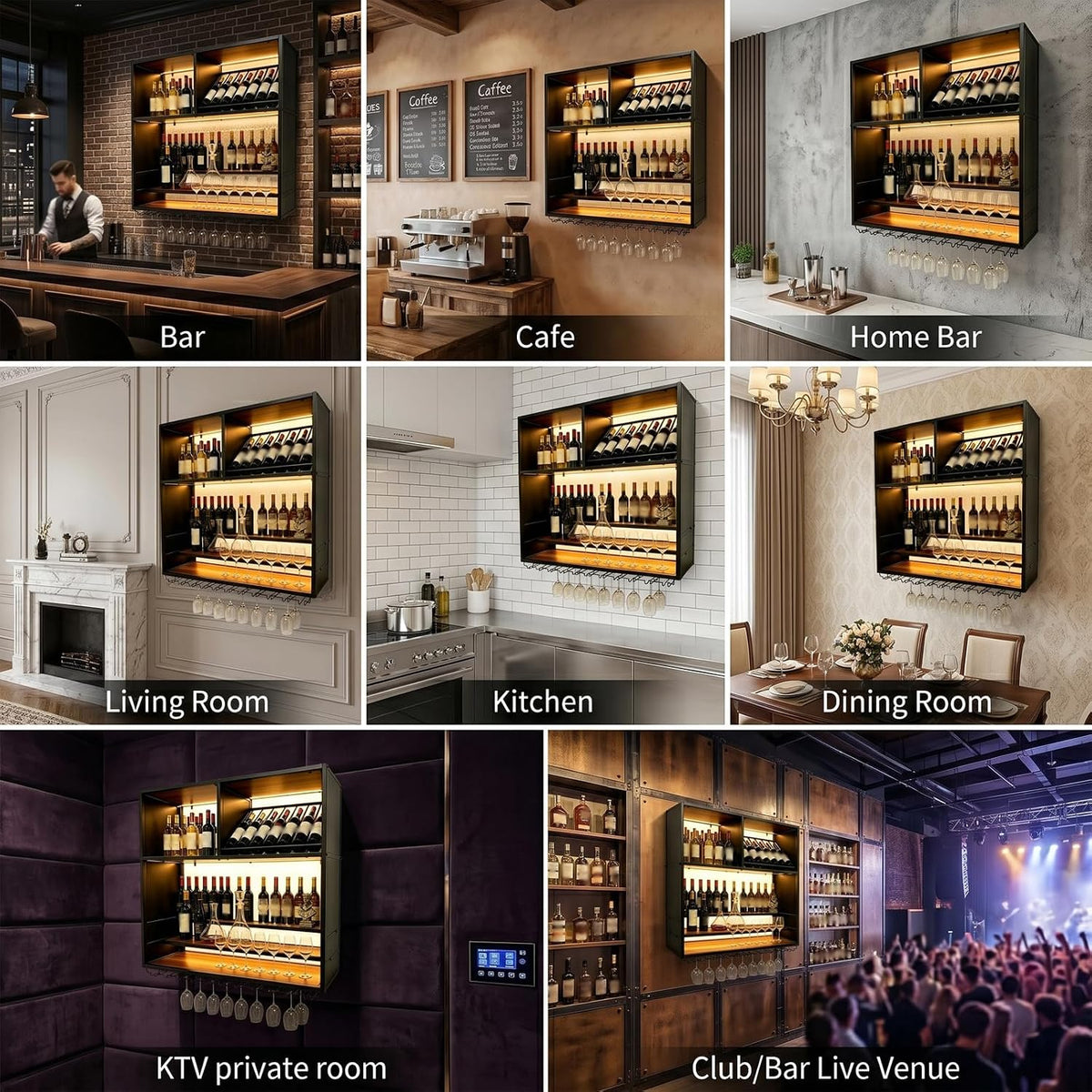 55in Large Wall Mounted Wine Rack with LED Light, 4 Tier Iron Liquor Bottle Display Storage, Modern Wood Floating Bar Shelf with Wine Glass Holder, for Home Bar, Kitchen, Cafe Liquor Shelves
