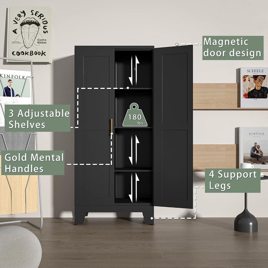 winiowa Pantry Cabinet with Doors and Adjustable Shelves, Metal Kitchen Storage cabinets with Gold Handles,61" Storage for Pantries,Dinning Room,Laundry Room,Living Room,Bathroom