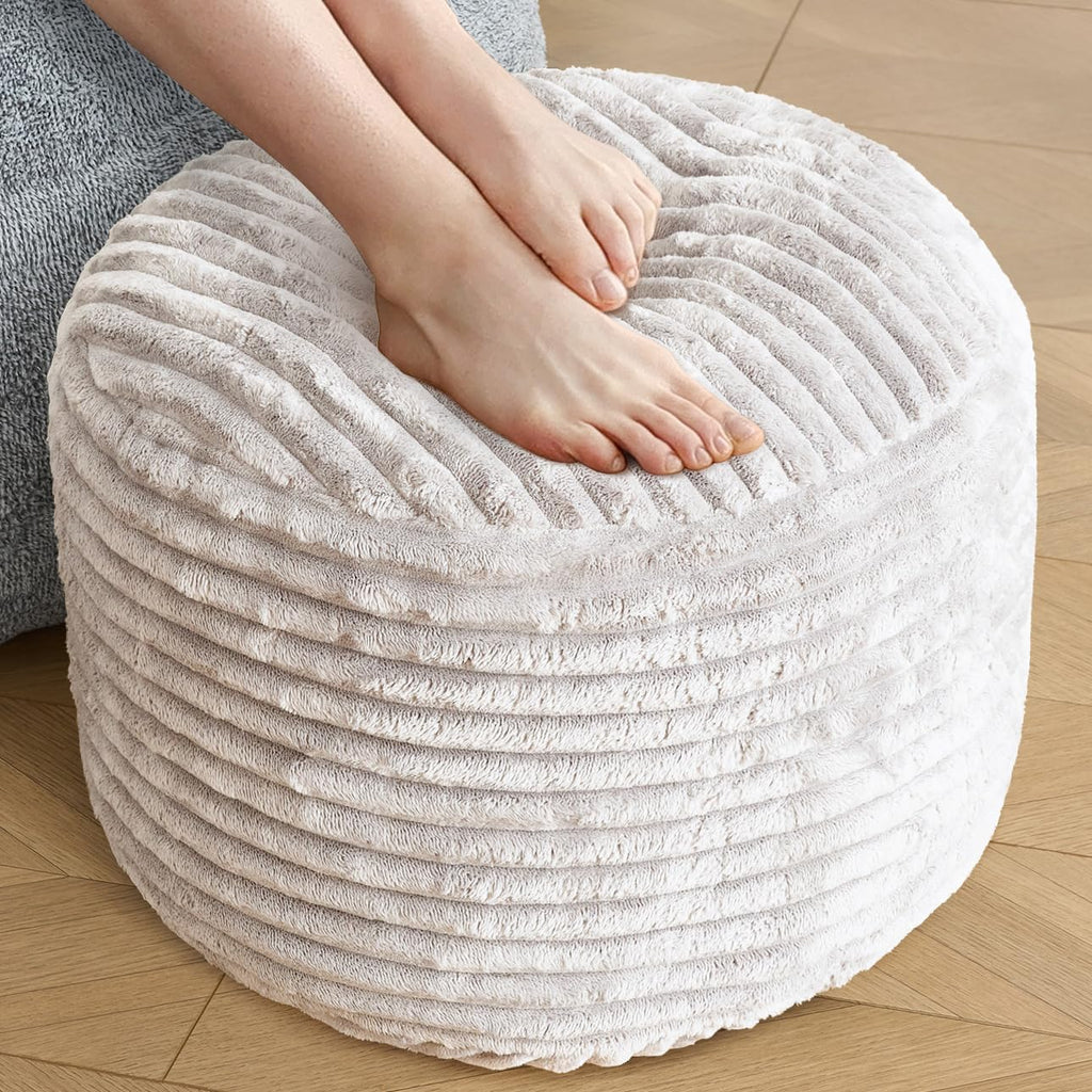 SHOUREN Stuffed Round Ottoman,Corduroy Pouf Ottoman Foot Rest with Foam Filling,Pouf Storage Ottoman Footstool for Living Room,18 X 14 Floor Poufs for Couch - 18 X 14 Inches,Beige