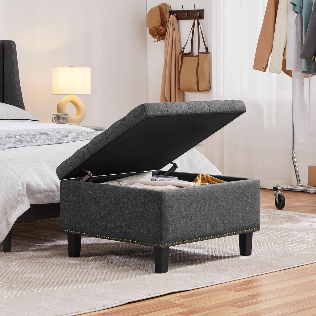 Yaheetech 28in Square Storage Ottoman Coffee Table with Nailhead, Dark Gray | Button-Tufted Linen-Look Fabric Bench, 3.2C Storage Space, Wood Legs, Metal Hinges, for Bedroom Foot of Bed Living Room