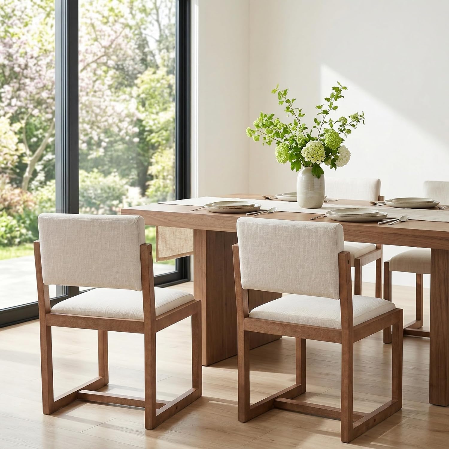 DUOMAY Mid-Century Linen Dining Chairs Set of 2, Beige | Modern Upholstered Seat With Sturdy Wood Legs Comfortable Side Chairs For Kitchen Dining Room And Living Area