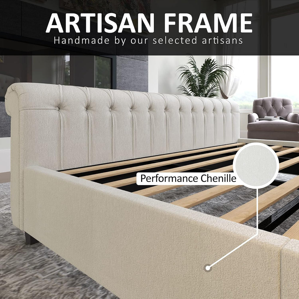 AMERLIFE Queen Size Upholstered Sleigh Bed Frame with Wingback Headboard