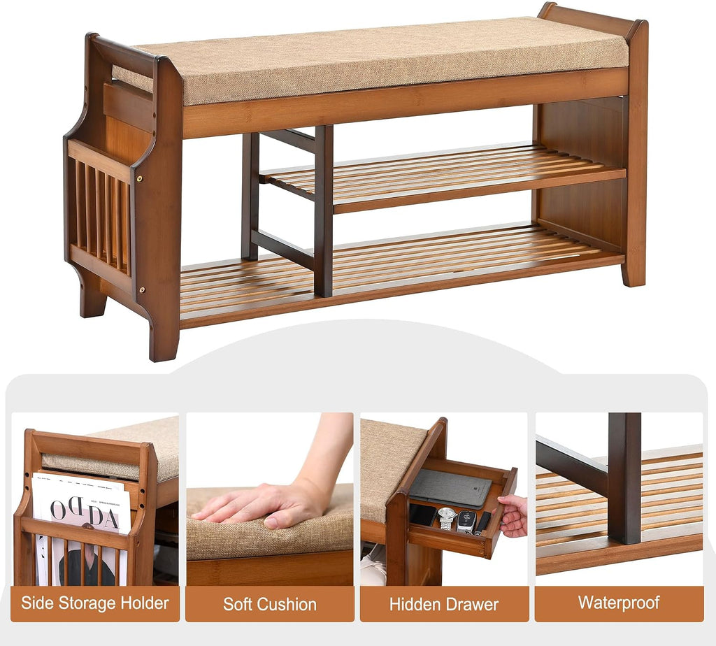 PETKABOO Shoe Bench with Hidden Drawer and Side Holder, 2 Tier Entryway Bench with Storage 39.4 in, Bamboo Shoe Rack with Cushion for Entryway Hallway Living Room Bedroom