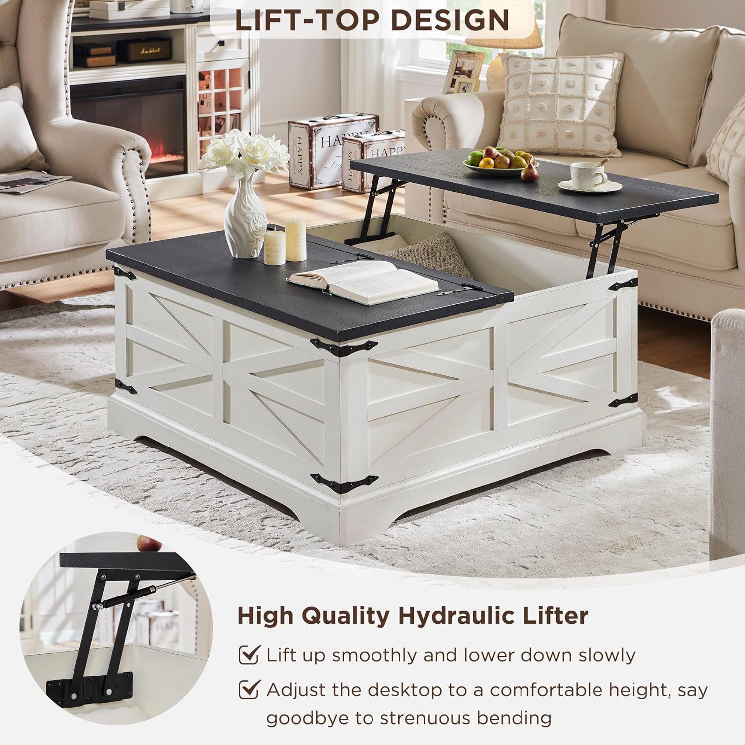 JXQTLINGMU 3-Piece Farmhouse Coffee Table and End Table Sets, Includeds 36" Lift Top Square Coffee Table w/Storage & 2 Rustic Wood End Tables w/Charging Station & Barn Doors for Living Room, White