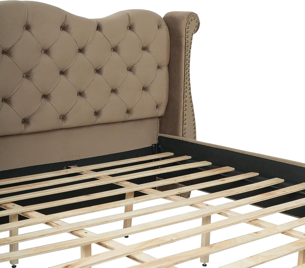 Merax Brown King Size Velvet Upholstered Bed Frame with Thick Tufted Wingback Headboard, Retro Classic Style Platform Bed with Sturdy Wood Slatted Support and Legs, No Box Spring Needed, Bear 700lbs