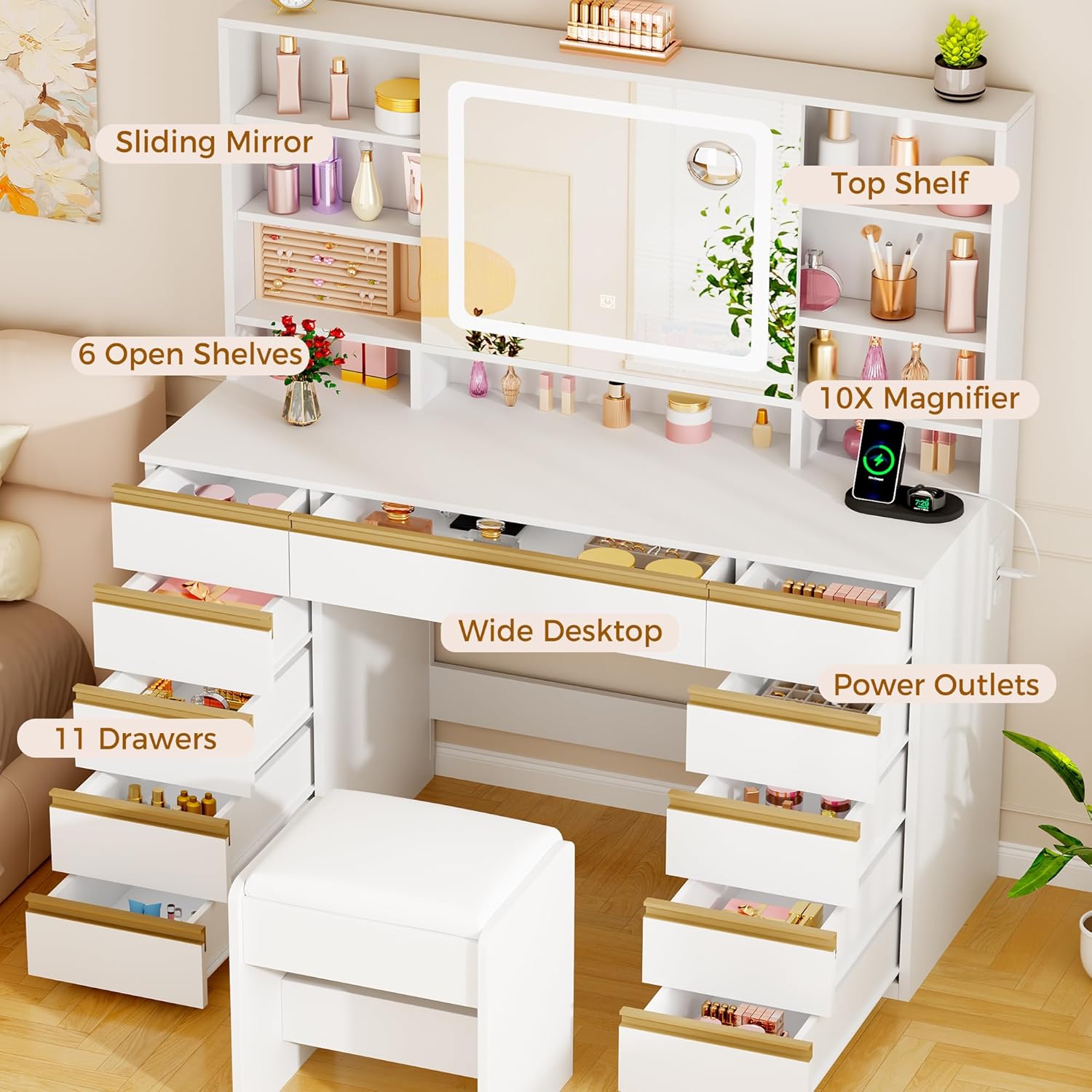 ANWBROAD Large Vanity Desk with Sliding Mirror and Lights& Jewelry Storage | White Makeup Vanity Desk with 11 Drawers,6 Shelves, 3 Color Lights,Dressing Table with Vanity stool, Power Outlet for Women