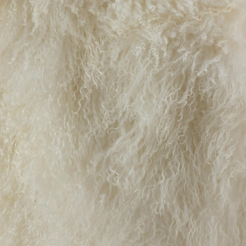 SARO LIFESTYLE Mongolian Lamb Wool Pouf Ottoman – Ivory, 18” x 18” x 16” with Firm Insert, Luxury Textured Accent Footrest or Extra Seating