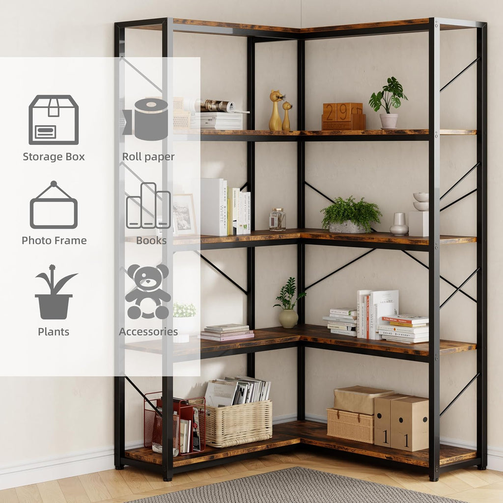 Shintenchi 5 Tier Corner Bookshelf, L Shaped Large Bookcase, Rustic Brown