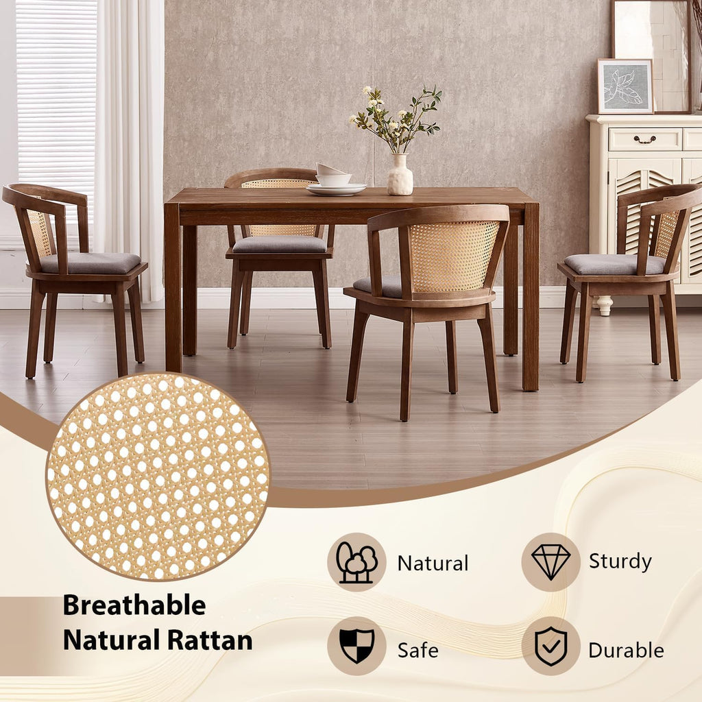 Kmax Modern Rattan Dining Chair Set of 4 Farmhouse Semi Barrel Dining Room Chair Wooden Upholstered Chair Oak Finish for Living Room Kitchen, Walnut/Grey Seat