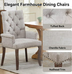 Farmhouse Upholstered Dining Chair Set of 2 with Arms & Nailhead Trim, Tufted Chenille Kitchen Chairs with Solid Wood Legs, Accent Chair for Dining Room, Living Room & Bedroom, Beige