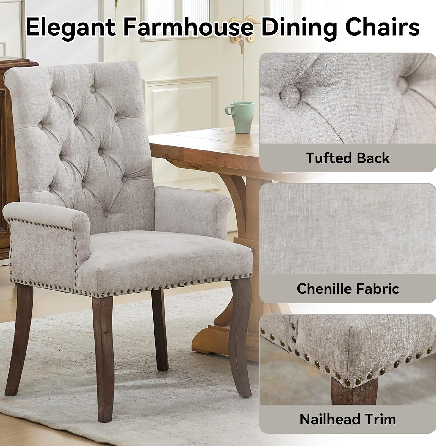 Farmhouse Upholstered Dining Chair Set of 2 with Arms & Nailhead Trim, Tufted Chenille Kitchen Chairs with Solid Wood Legs, Accent Chair for Dining Room, Living Room & Bedroom, Beige