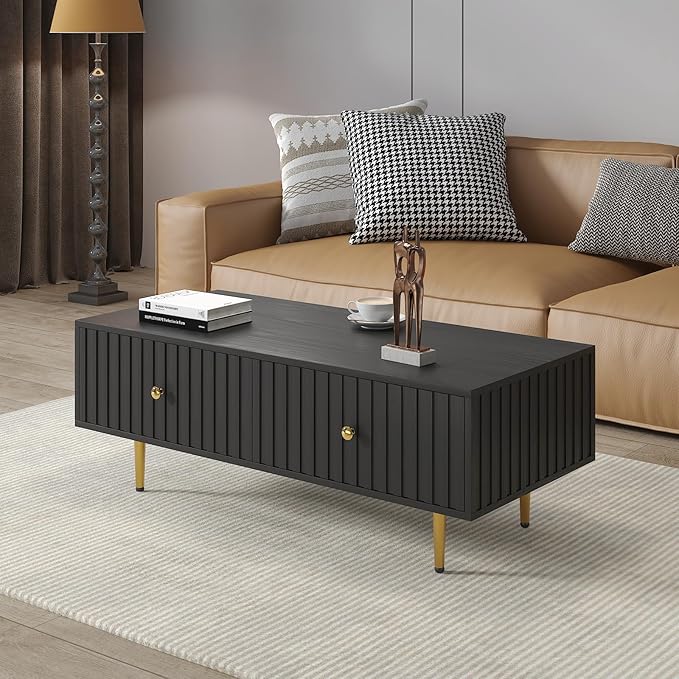Modern Coffee Table with Storage with 2 Big Drawers, Black Rectangle Coffee Table for Living Room, Wooden Fluted Table Accent Tea Table for Living Room Apartment Small Space