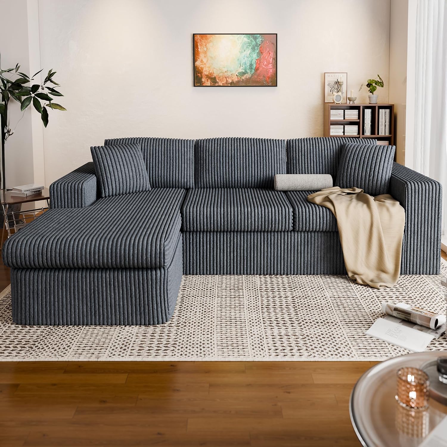 Vongrasig 105" Couches for Living Room,Sectional Couches Modular Sofa with L-Shaped Chaise, Memory Foam Comfy Cloud Couch with Plush Corduroy Fabric, No Assembly Required, (Dark Grey)