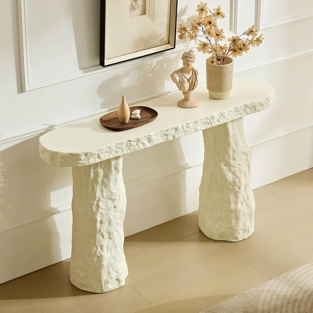 53.94" Modern Console Table,Imitation Stone Table,Fiberglass Entryway Table Long Sofa Table with Round Edge Design for Living Room,Hallway (Beige)