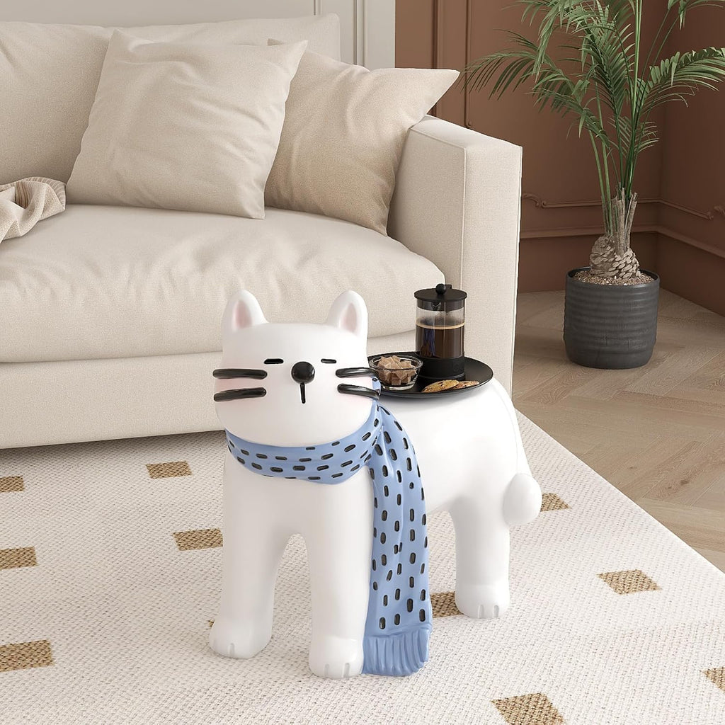 AETVRNI Adorable Cat-Shaped Side Table, 21" Lx13 Wx20 H,Animal-Shaped Resin Decor Kitty Nightstand End Table for Cat Lovers Living Room Bedroom,White