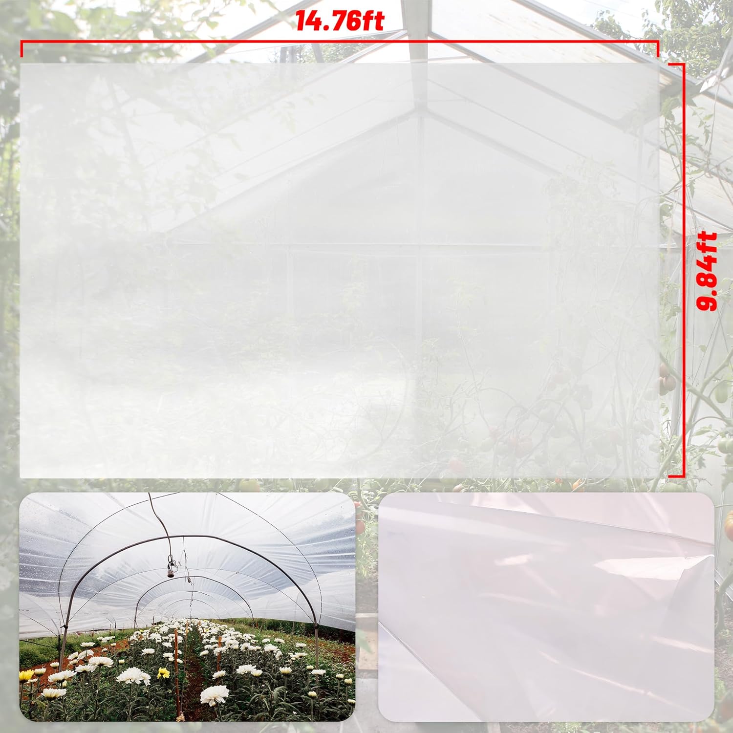 6 Mil Clear Greenhouse Plastic Sheeting,9.8FTx14.8FT Transparent Plastic Film for Greenhouse, Resistant Polyethylene Film for Farm,Garden…