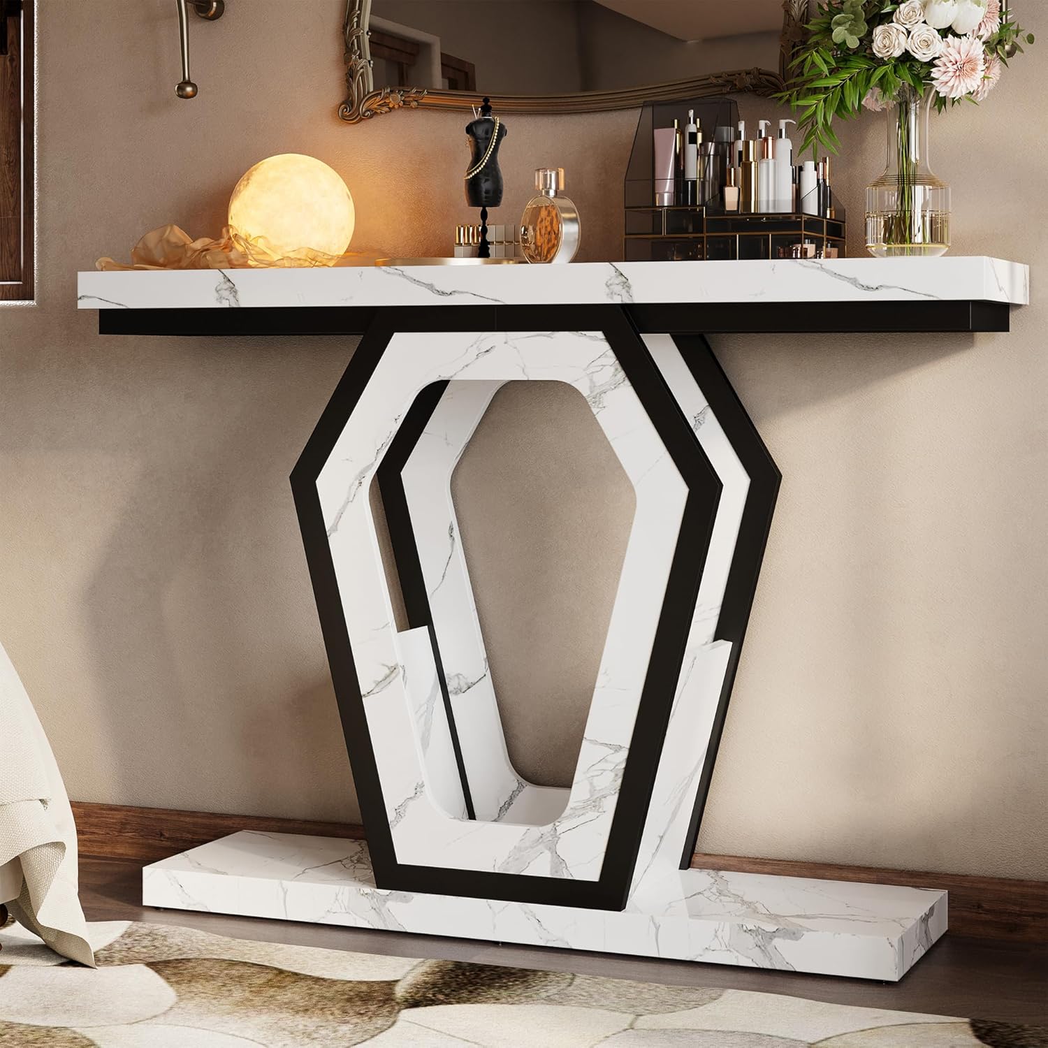 FUSUNBAO 47.3" Console Table,Openwork Bracket Sofa Table, Wood Narrow Entryway Table for Hallway, Behind The Couch, Living Room, Foyer, Easy Assembly（White Marble Texture）