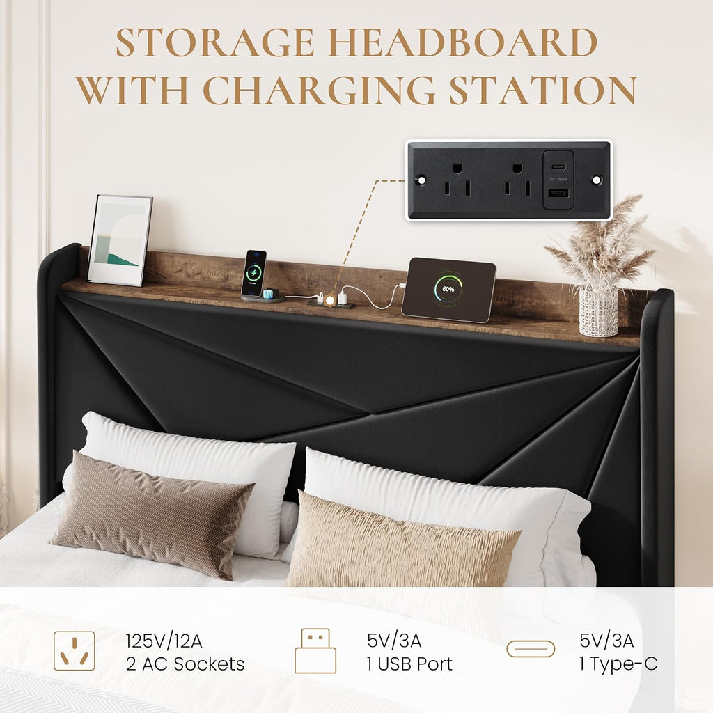 SHA CERLIN Queen Bed Frame, Storage Headboard with Drawers, Charging, Black