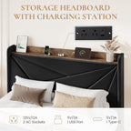 SHA CERLIN Queen Bed Frame, Storage Headboard with Drawers, Charging, Black