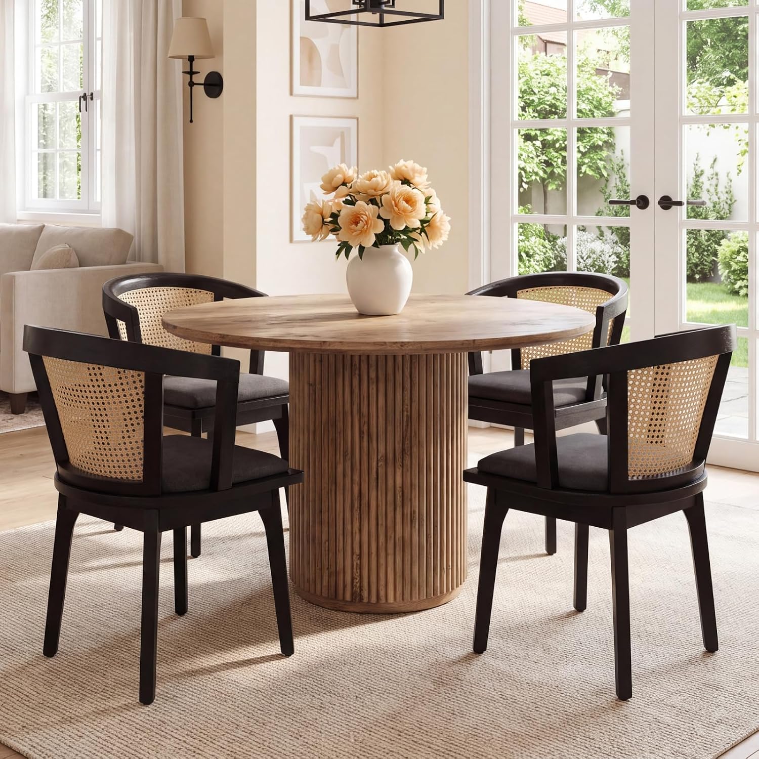 CIMOTA Set of 4 Black Rattan Wood Dining Chairs Mid-Century Modern Upholstered Dining Room Chairs Barrel Cane Back Accent Side Chair for Kitchen/Cafe/Bistro, Linen Charcoal