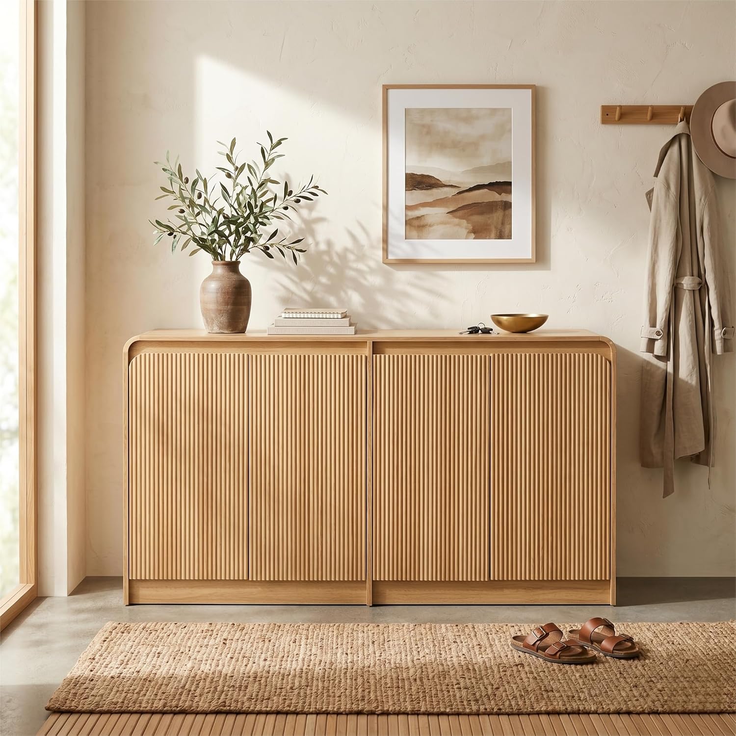 FURSUN 61" Modern Fluted Sideboard with Curved Design, 4-Door Buffet Cabinet with Adjustable Shelves, Large Wood Coffee Bar Station for Dining Room & Kitchen(Natural Oak)