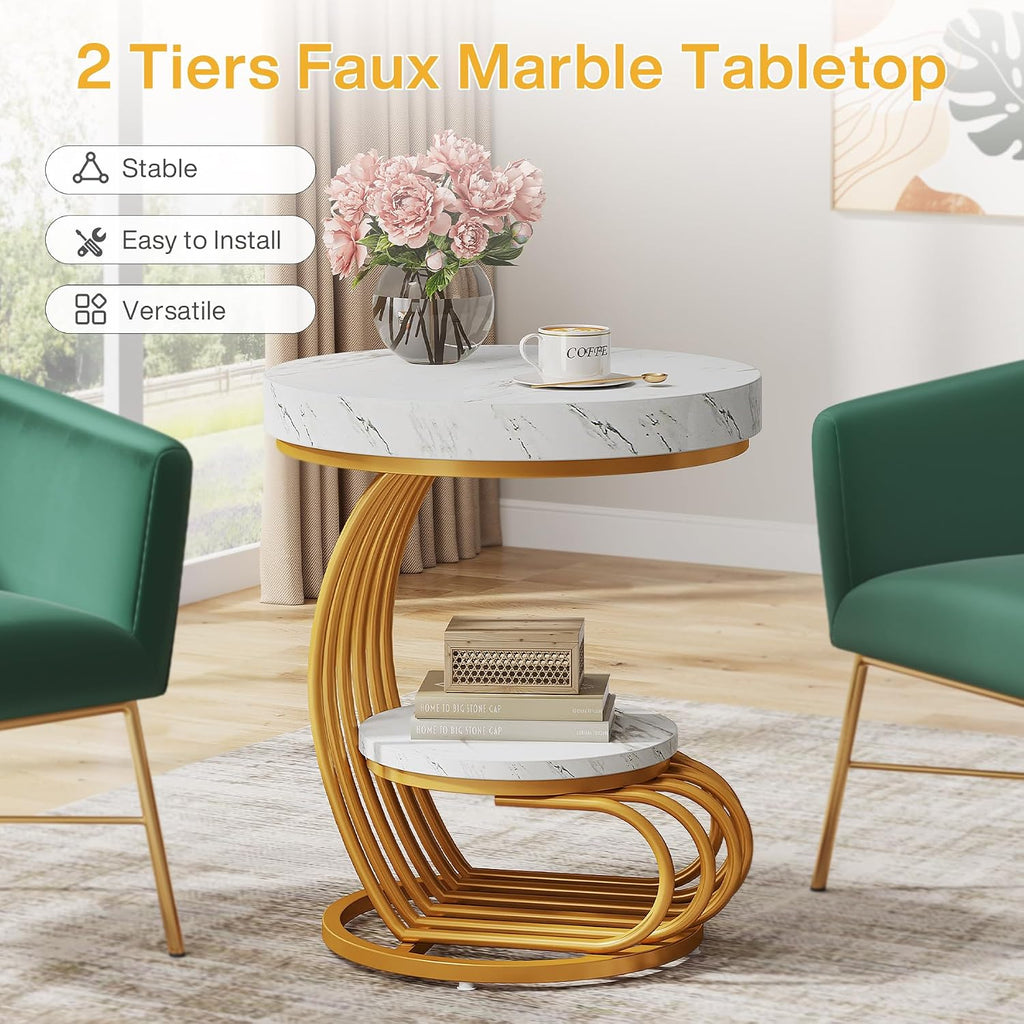 Tribesigns Round End Table, 2-Tier Modern Wood Side Table with Shelf Storage, Faux Marble Sofa Side Bedside Nightstand, Arc-Shaped Frame Accent Furniture for Living Room, Gold & White