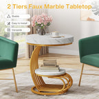 Tribesigns Round End Table, 2-Tier Modern Wood Side Table with Shelf Storage, Faux Marble Sofa Side Bedside Nightstand, Arc-Shaped Frame Accent Furniture for Living Room, Gold & White