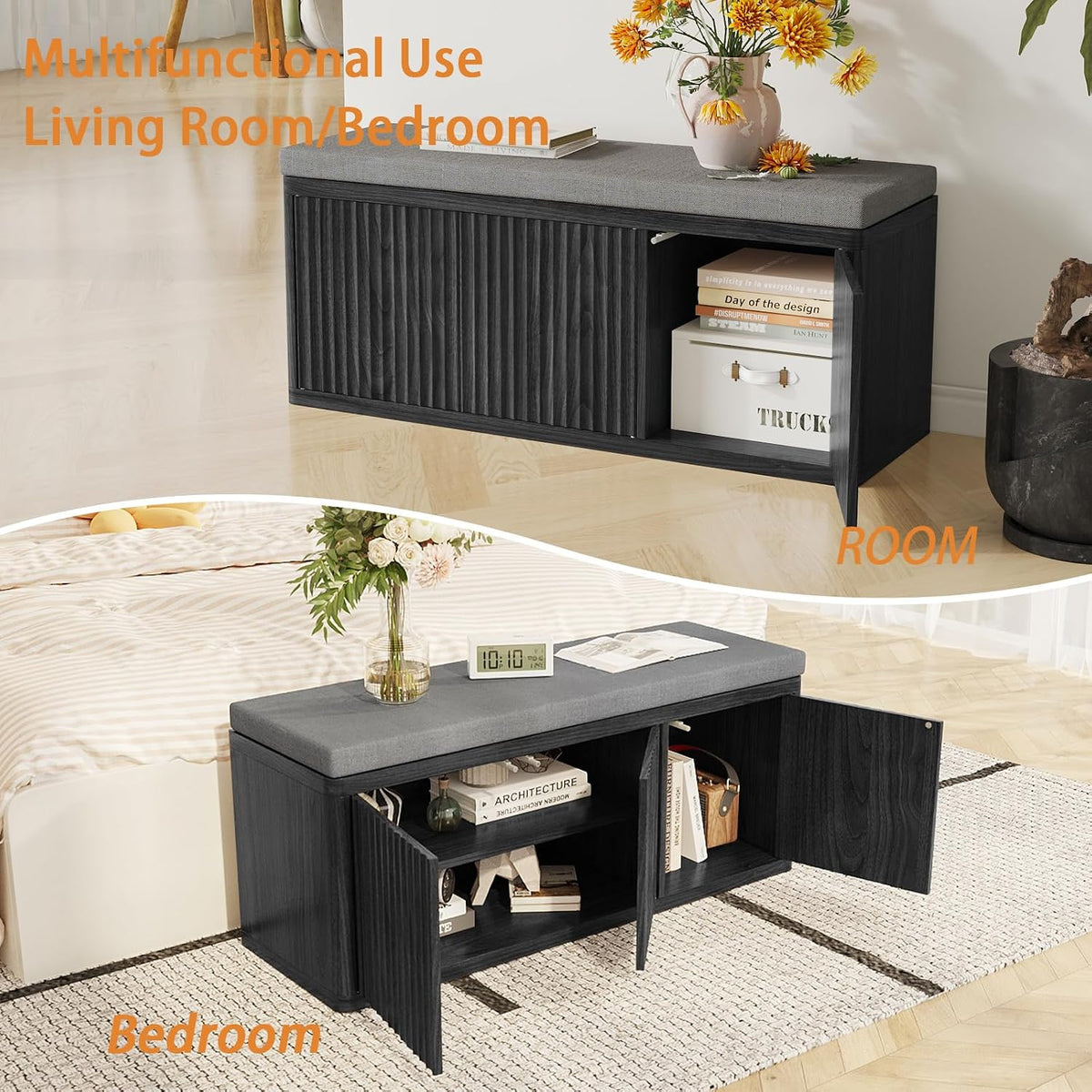 41.3" Fluted Shoe Storage Bench, Entryway Bench with 2" Cushioned Seat, 440lbs Heavy Duty Shoe Cabinet Bench with Adjustable Shelf, Hidden Storage Organizer for Bedroom End of Bed, Black