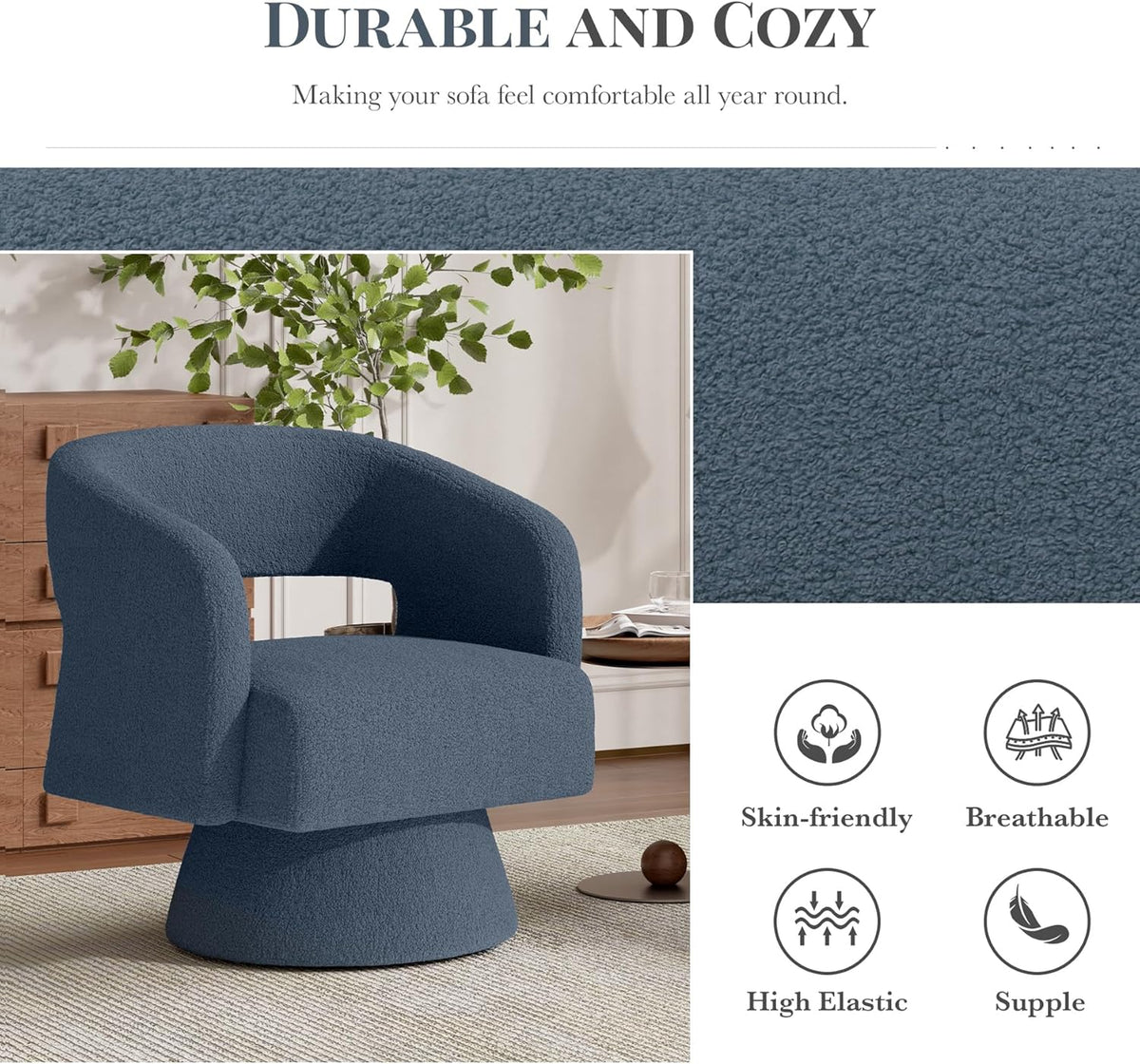 Luxanimarion Swivel Barrel Accent Chair,Oversized Teddy Upholstered Round Swivel Chair,Modern Luxury 360 Degree Living Room Vanity Chair for Bedroom Office,Blue,4PCS