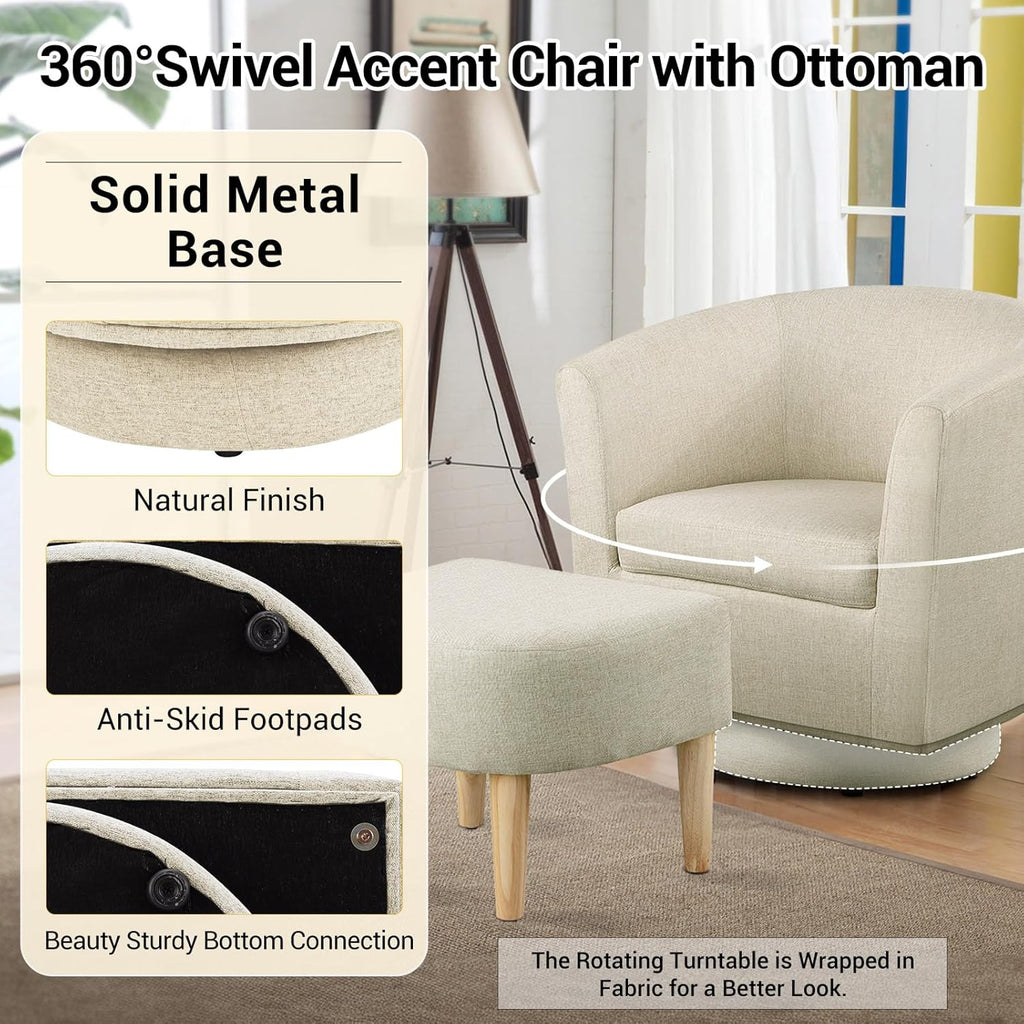 DAZONE Beige Swivel Accent Chair with Ottoman, Comfy Barrel Armchair for Small Spaces, 360° Modern Fabric Lounge Chair for Living Room, Bedroom, Reading Nook, Home Office