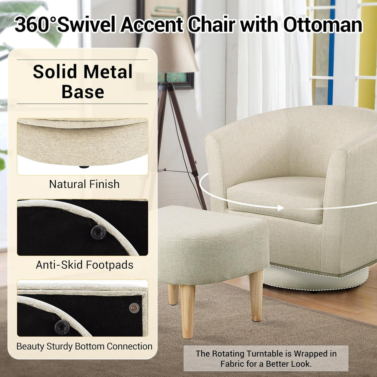 DAZONE Beige Swivel Accent Chair with Ottoman, Comfy Barrel Armchair for Small Spaces, 360° Modern Fabric Lounge Chair for Living Room, Bedroom, Reading Nook, Home Office