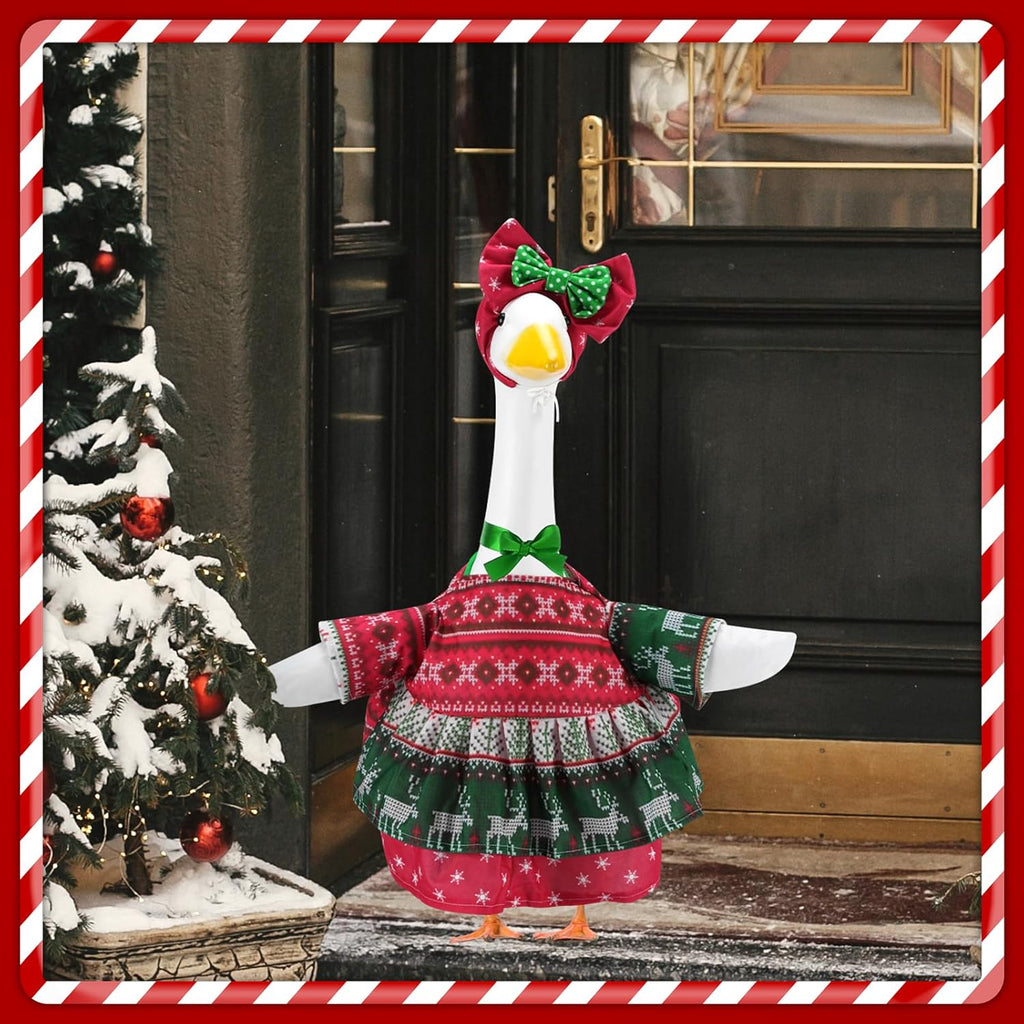 Christmas Porch Goose Outfits for 23 Inch Lawn Statue, Ugly Sweater Costume for Plastic/Cement Statue, Duck Sculpture Clothes for Xmas Winter Yard Patio Party Decoration