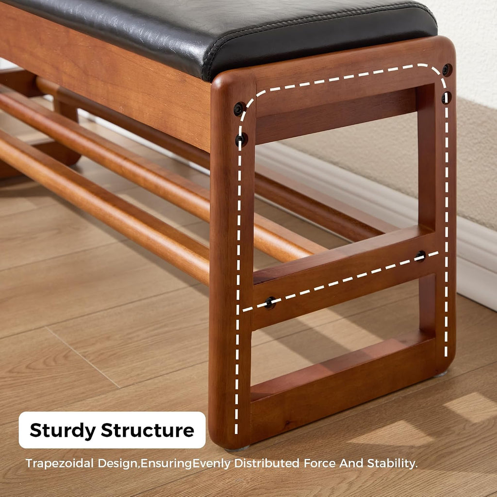 39.3" Shoe Rack Bench,2 Tiers Shoe Bench with Storage,Walnut Storage Bench with Faux Leather Cushion for Entrance Entryway Hallway Walnut PU Black