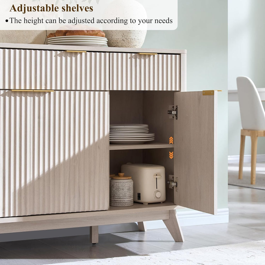 T4TREAM Large Buffet Sideboard Cabinet with Storages, 60" Fluted Modern Buffet Table Coffee Bar Wine Bar Storage Cabinet with 3 Drawers & 4 Doors for Dining Room, Living Room, Hallway(White Alder)