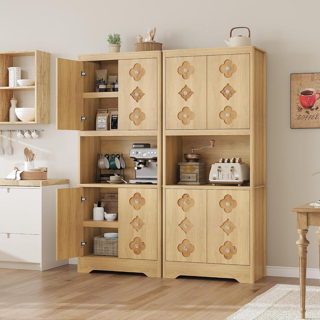 Garvee 72" Tall Pantry Cabinet, Kitchen Hutch Storage Cabinet with Countertop for Microwave, Freestanding Wooden Cupboard with Carved Door & Crystal Handle, for Dining Room, Living Room, Light Oak
