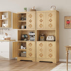 Garvee 72" Tall Pantry Cabinet, Kitchen Hutch Storage Cabinet with Countertop for Microwave, Freestanding Wooden Cupboard with Carved Door & Crystal Handle, for Dining Room, Living Room, Light Oak