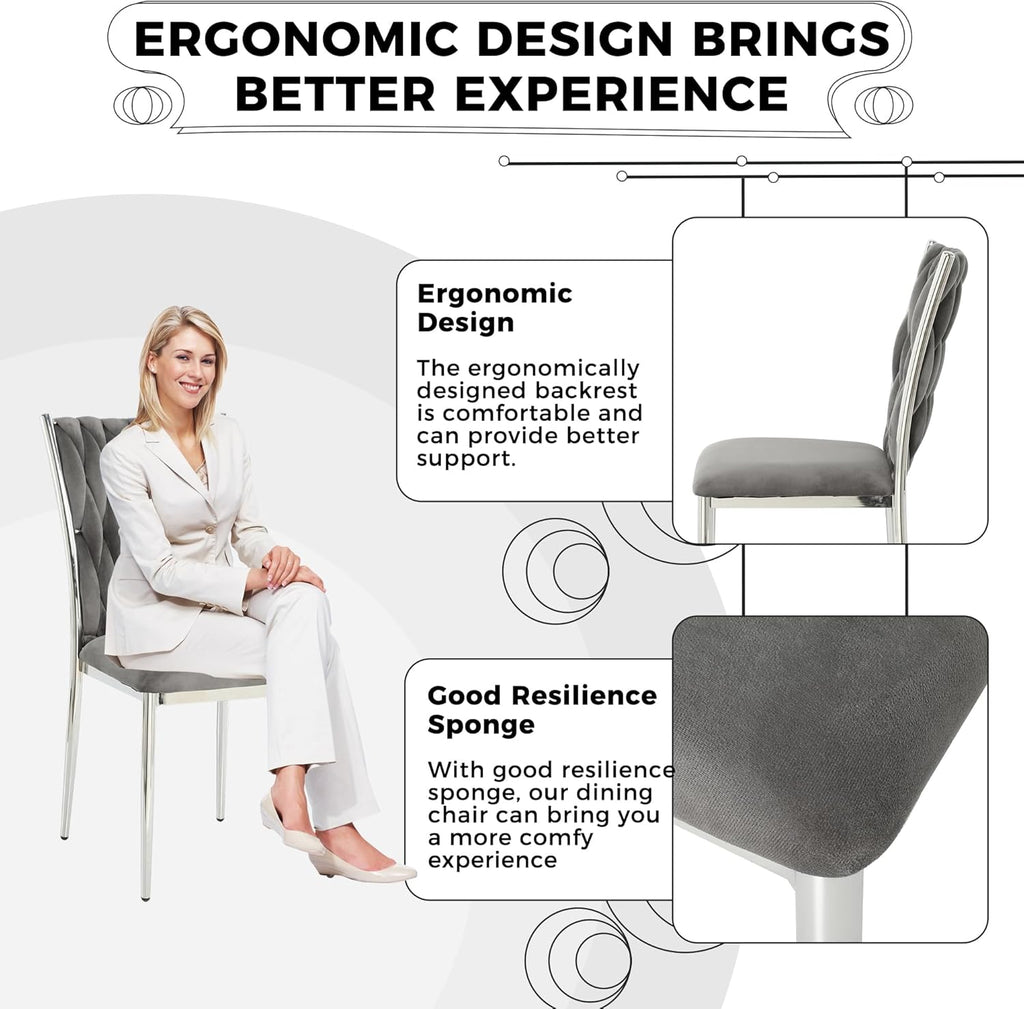 Velvet Dining Chairs Set of 4, Modern Upholstered Kitchen Chairs with Silver Metal Legs, Woven Velvet Fabric and High Back, Dirt Resistance, Easy to Assemble, for Home, Living Room - Dark Grey