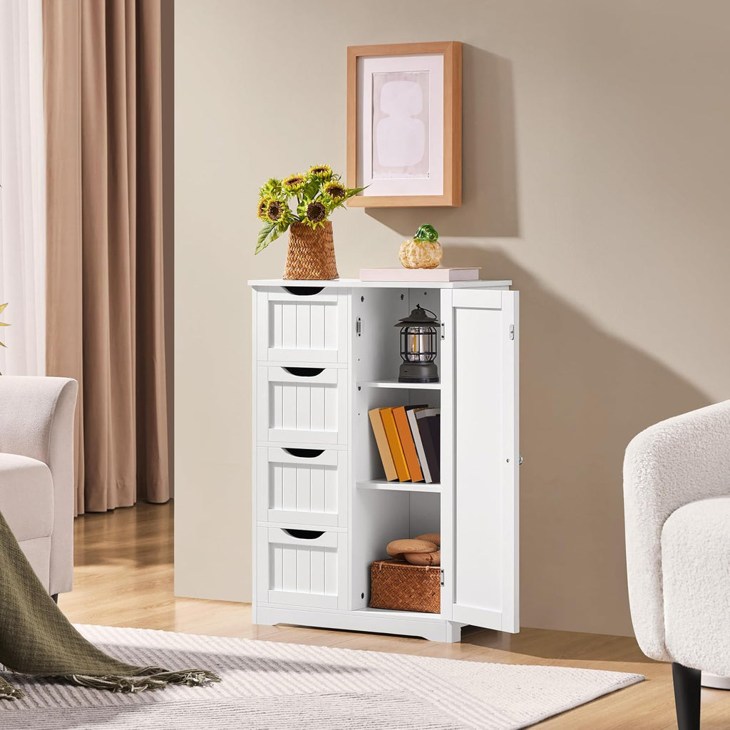 Yaheetech Small Bathroom Storage Cabinet with 4 Drawers & Door, White | Floor Cabinet Organizer for Hallway, Living Room, 3-Position Adjustable Shelf, Beadboard Detail, MDF, 12"D x 22"W x 32.5"H