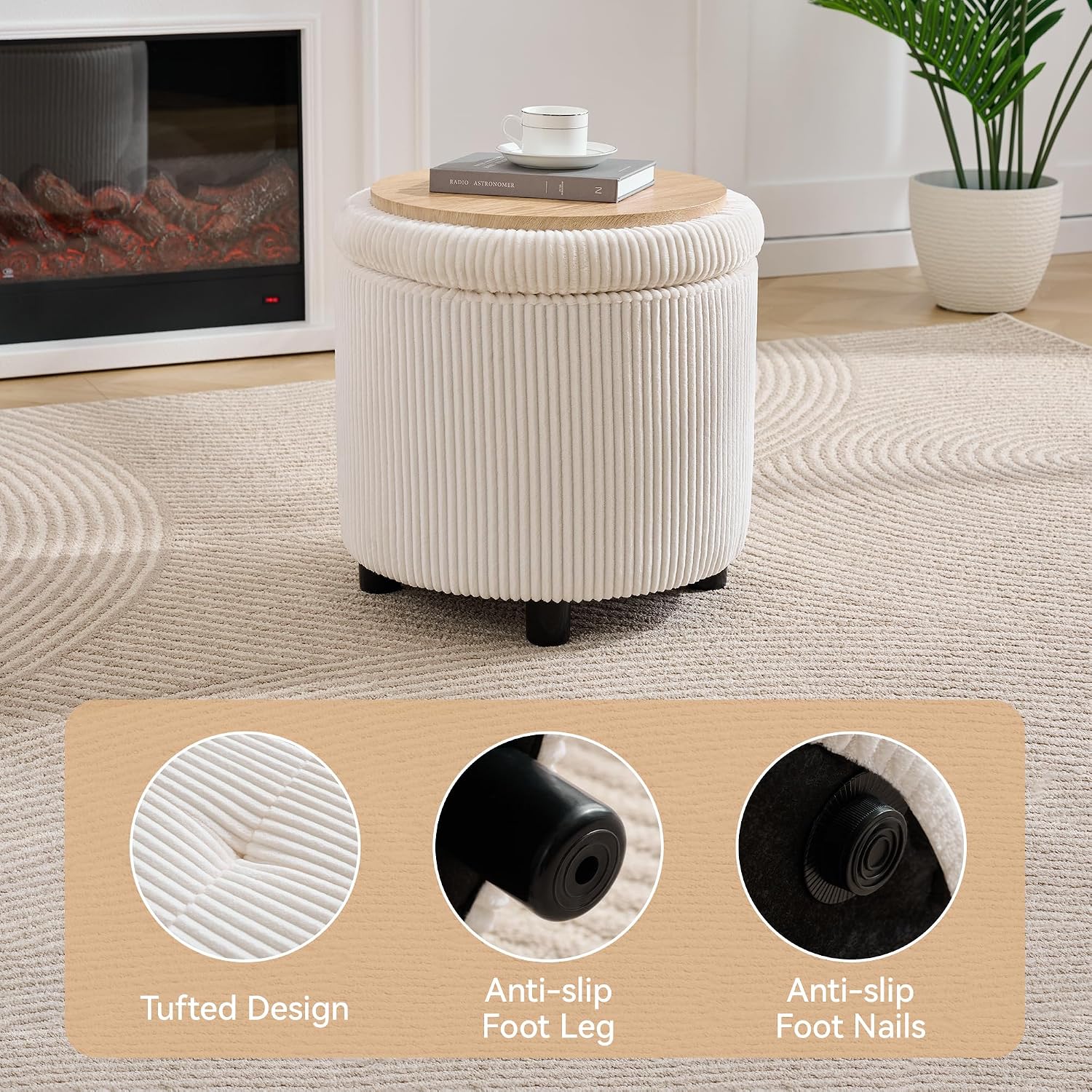 WUTUTUEE Corduroy Storage Ottoman with Flip-Top Tray, Modern Upholstered Ottoman Coffee Table, Dual Leg Options Ottoman Footrest for Living Room, Bedroom, Office, White