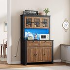 GarveeHome 66" Tall Pantry Cabinet with Power Outlet & LED Light, Kitchen Pantry Storage Cabinets with Countertop, Large Kitchen Hutch with Storage Drawers & Water Ripple Acrylic Panel Cabinet Door