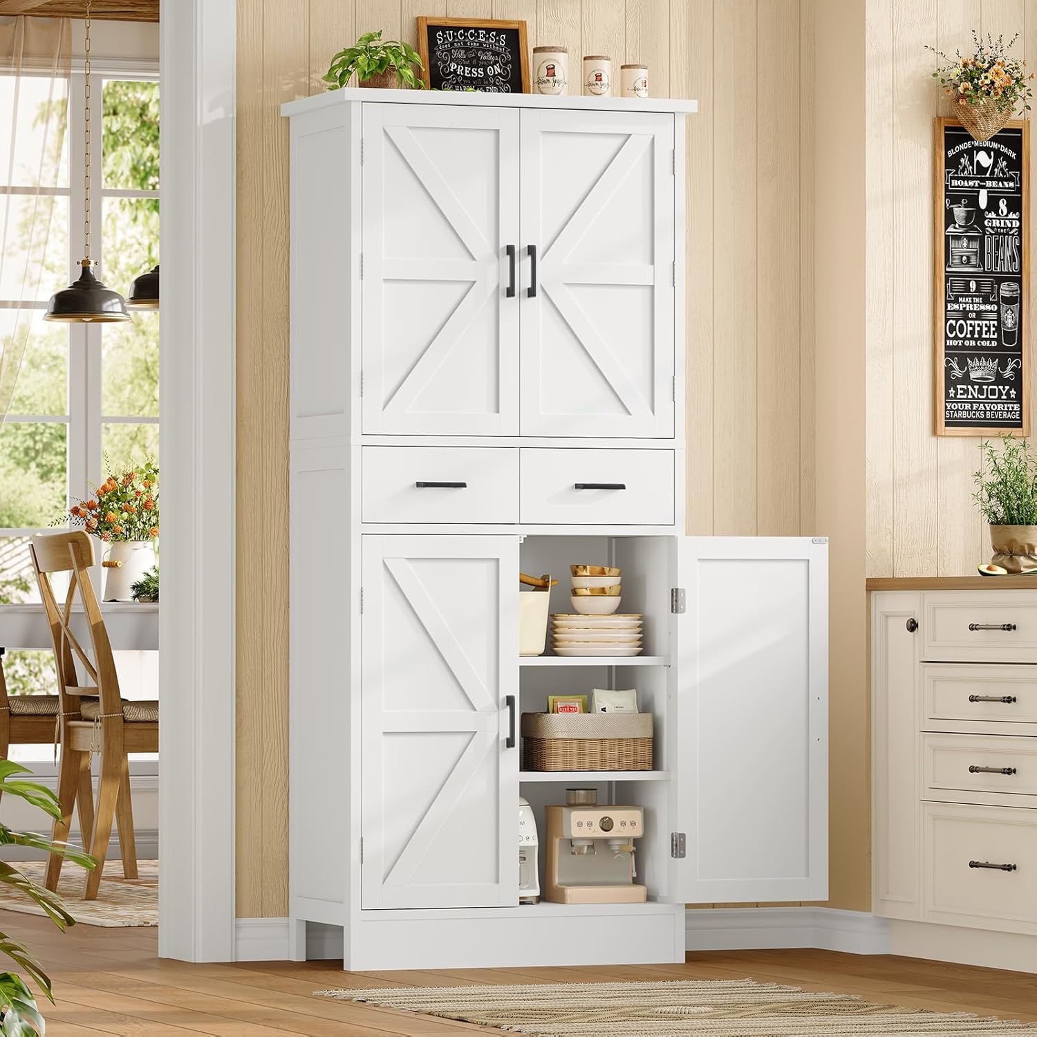 TEENFON Farmhouse Pantry Cabinet, 66.9″H Tall Kitchen Storage Cabinet with Barn Doors, Adjustable Shelves & Drawer, Freestanding Cupboard for Kitchen, Dining Room, Living Room, Bathroom, White