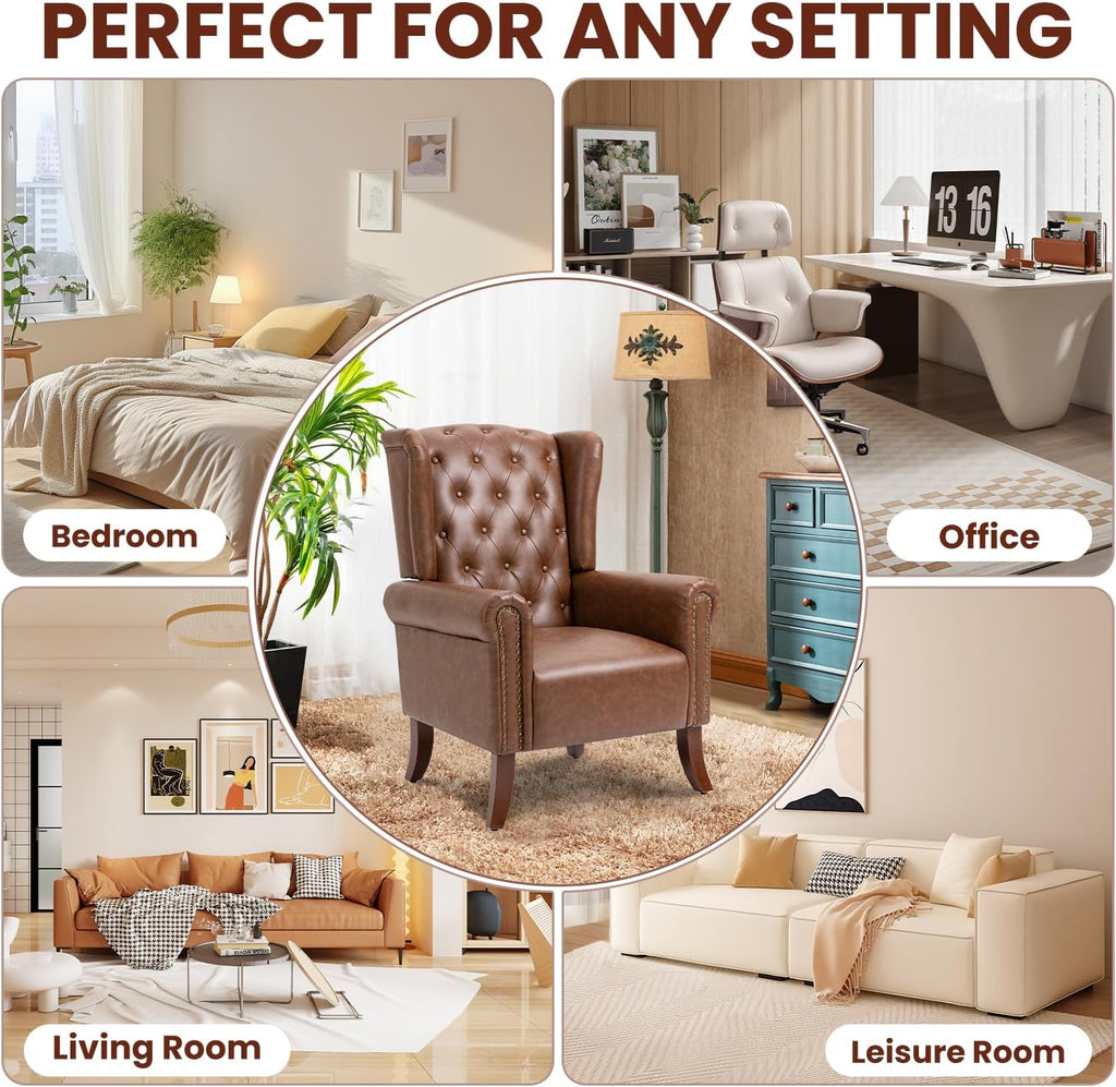 Faux Leather Accent Chair, Mid-Century Armchair Upholstered Club Sofa Chair with Wooden Legs, High Back Living Room Chair for Bedroom, Office, Lounge (Brown)