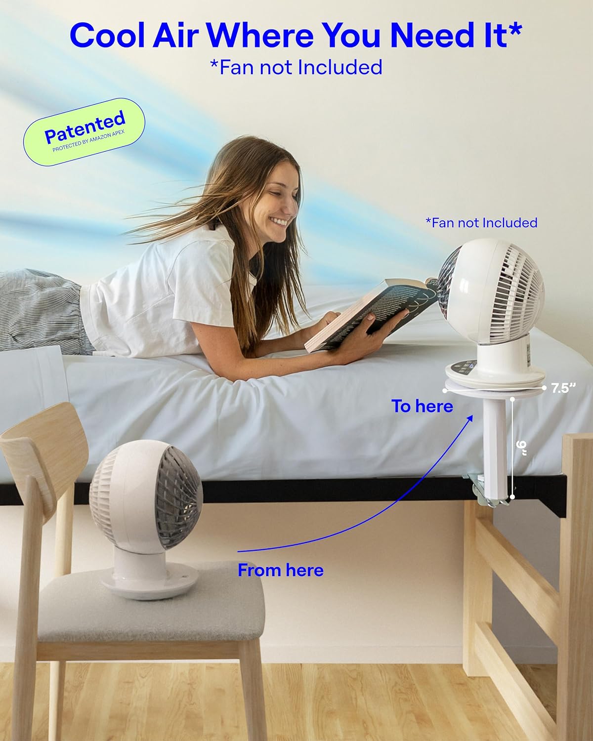Smallish FanShelfie Adjustable Fan Holder for Dorm Room - White | Bunk & Lofted Bed, College Essentials Boys & Girls, Patented Height & Distance Design, Compatible with Popular Dorm Fans