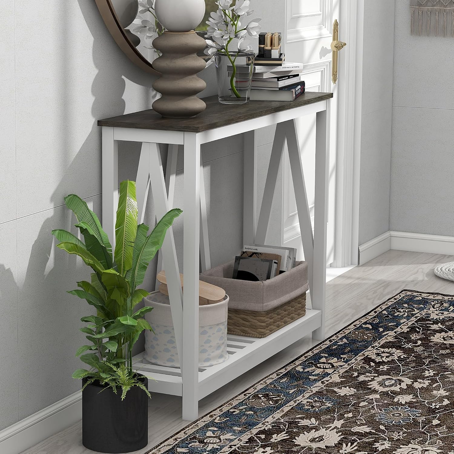 Entryway Table, 39" Farmhouse Console Table with Shelf Narrow Foyer Table | | 2-Tier Open Shelf,V-Shape Anti-Tip Legs,Slim Narrow Design,30-Min Easy Assembly,Sofa Table Use,Two-Tone Finish,Dark Oak