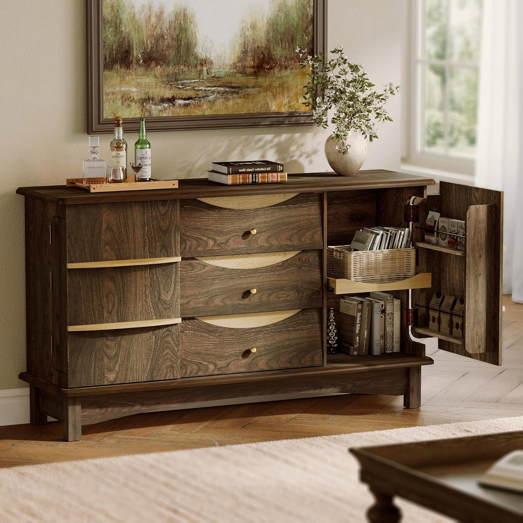 STO'SENSE Buffet Cabinet with Stroage, Large Sideboard Buffet Cabinet w/ 3 Drawers, Solid Wood Handle, Modern Coffee Bar Station w/ 2 Doors, Concealed Storage Shelves & Sliding Tray (Walnut)