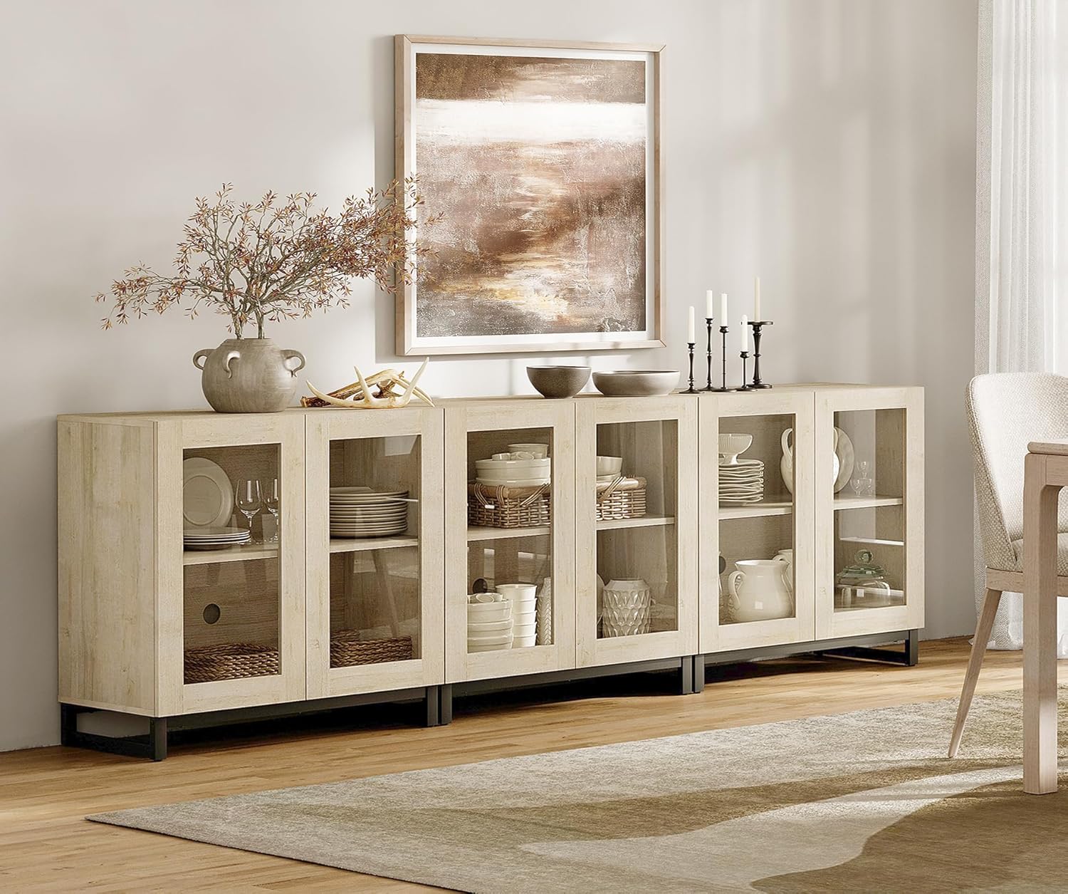 WAMPAT Sideboard Buffet Cabinets, Modern Credenza Sideboard with Adjustable Shelf and Metal Base, Coffee Bar Cabinet Accent Storage Cabinet for Living Room, Kitchen, Beige-A, 3 Pcs