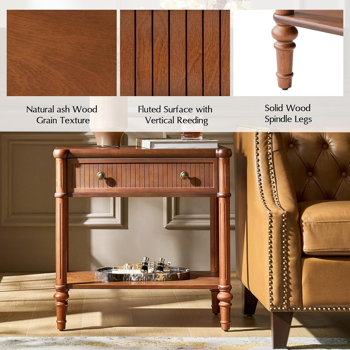 HULALA HOME Wood Nightstand with Charging Station, Traditional End Table with Solid Wood Drawer and Legs, Fluted Nightstand for Living Room, Bedroom Set of 2, Brown