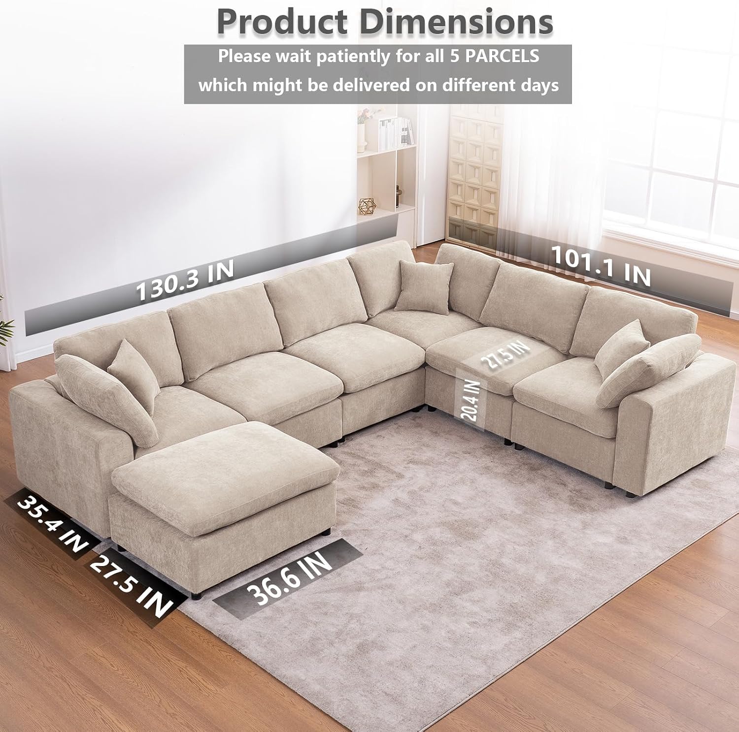 Oversized Modular Sectional Sofa, 7 Seater Cloud Couch with Ottoman | 130" Beige, Large U Shaped Convertible Corner Sofa In Chenille Fabric, Solid Wood Frame, for Spacious Living Room